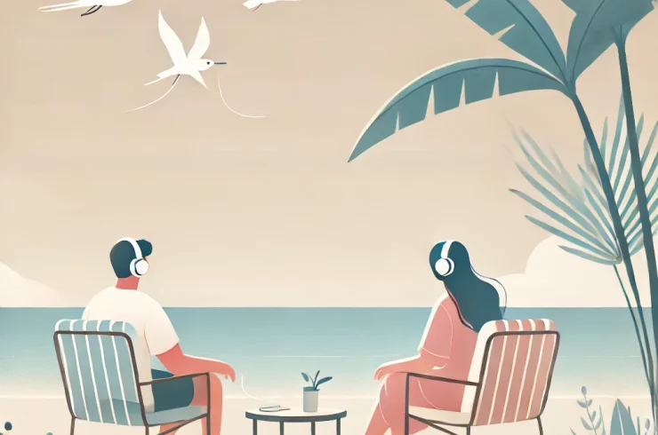 DALL·E 2024-09-15 11.41.52 - A calm beach scene featuring a man and a woman sitting on chairs, wearing headphones and enjoying a peaceful moment with birds flying around. The styl